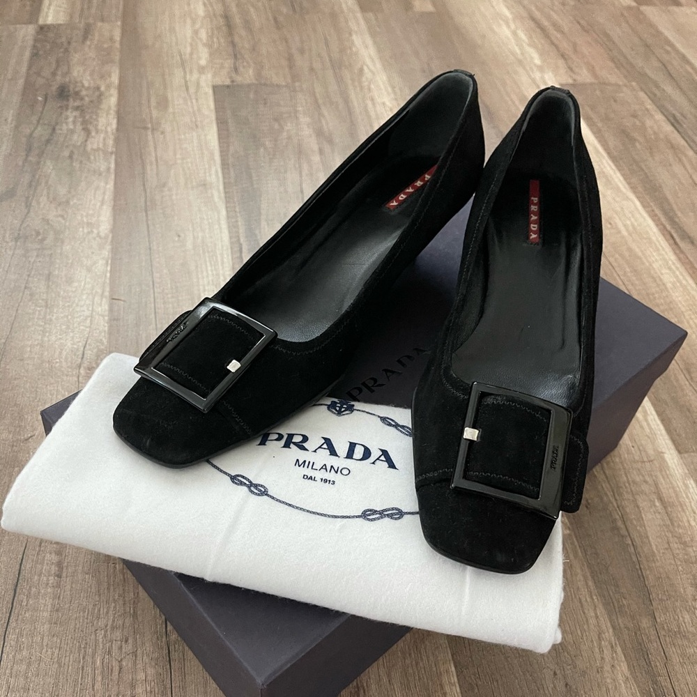 Prada Velvet Square Toe Buckle Black Flats Sz 37.5
